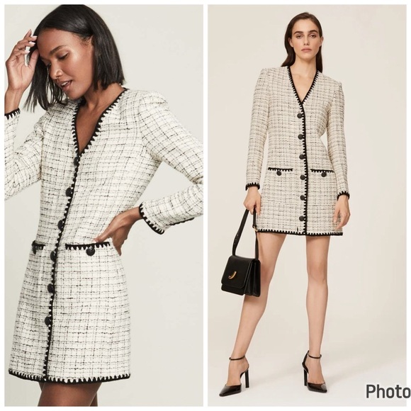 Veronica Beard Palatine Tweed Plaid Check Mini Dress Black Cream Sz‎ 10 - Picture 1 of 11